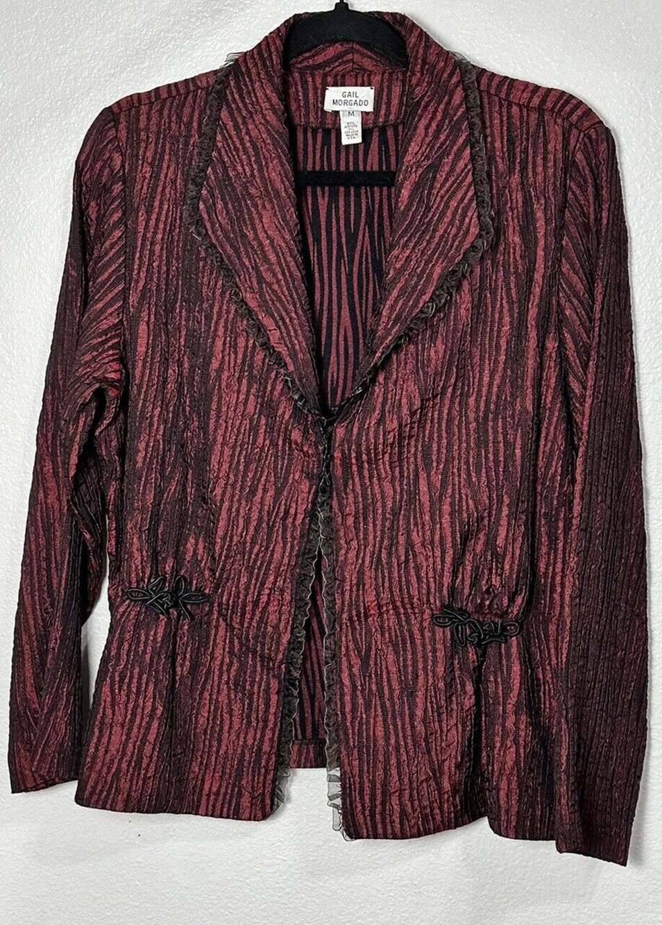 Gail Morgado Women’s Accordion Crinkle Style Maroon Black Jacket Ruffle Medium